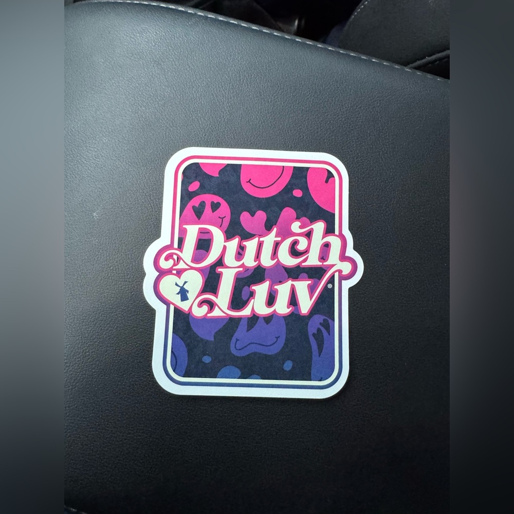 DUTCH BROS STICKER - February 2025- DUTCH LUV - Pink Purple Smiley Coffee Heart